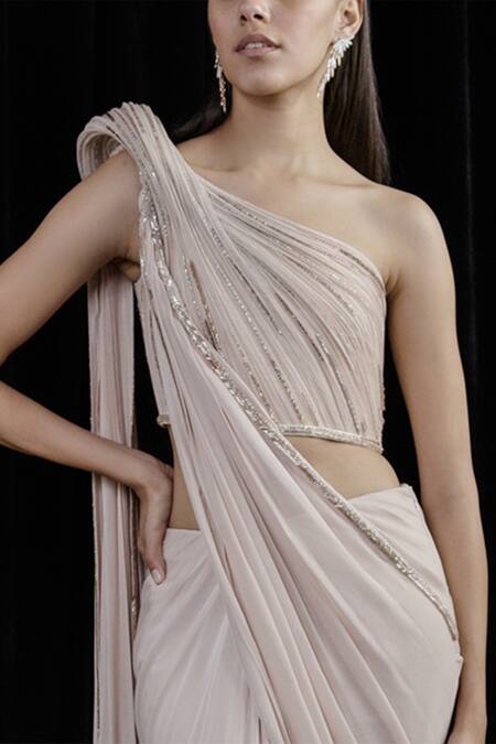 Buy_Gaurav Gupta_Pink Silk Georgette Pre-draped One Shoulder Saree Gown_Online_at_Aza_Fashions