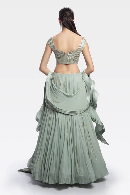 Shop Gaurav Gupta Green Viscose Georgette Panelled Lehenga Set at Aza Fashions Shop_Gaurav Gupta_Green Viscose Georgette Panelled Lehenga Set_at_Aza_Fashions