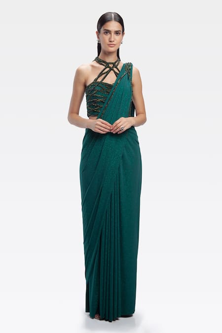 Gaurav Gupta Green Shimmer Saree With Blouse