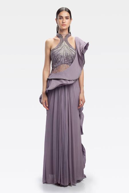 Gaurav Gupta Purple Silk Georgette Pre-draped Ruffle Saree Gown