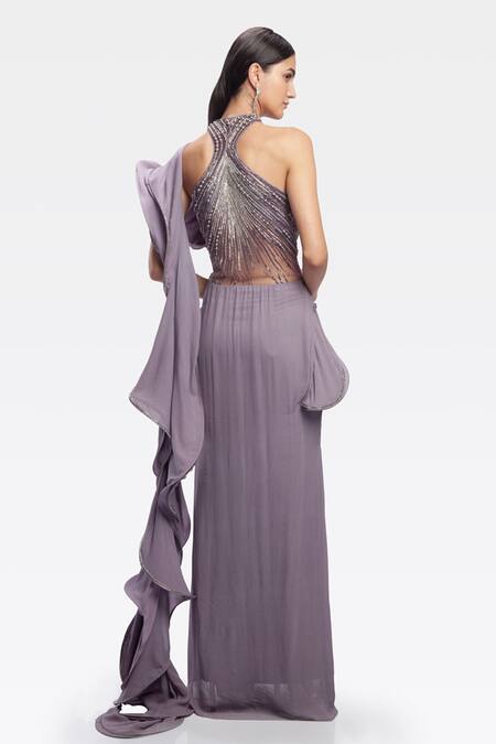 Shop_Gaurav Gupta_Purple Silk Georgette Pre-draped Ruffle Saree Gown_at_Aza_Fashions