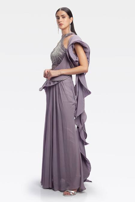 Gaurav Gupta_Purple Silk Georgette Pre-draped Ruffle Saree Gown_Online_at_Aza_Fashions