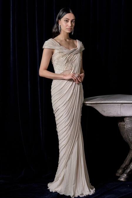 Gaurav Gupta_White Silk Georgette Pre-draped Embroidered Saree Gown_Online_at_Aza_Fashions