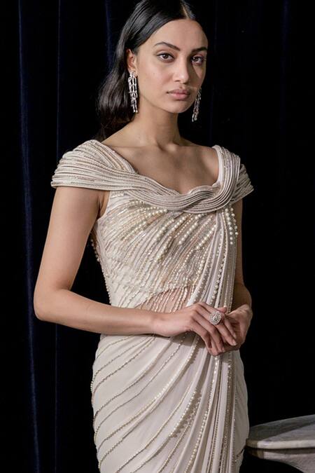 Buy_Gaurav Gupta_White Silk Georgette Pre-draped Embroidered Saree Gown_Online_at_Aza_Fashions