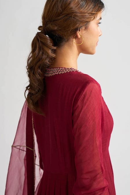 Shop Dot Maroon Organza, Chanderi, Cotton Silk Round Anarkali Set at Aza Fashions Shop_Dot_Maroon Organza, Chanderi, Cotton Silk Round Anarkali Set _at_Aza_Fashions