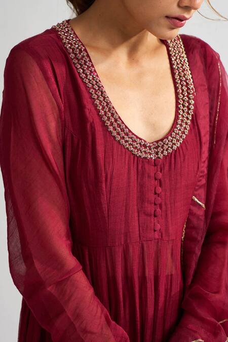 Dot Maroon Organza, Chanderi, Cotton Silk Round Anarkali Set Online at Aza Fashions Dot_Maroon Organza, Chanderi, Cotton Silk Round Anarkali Set _Online_at_Aza_Fashions