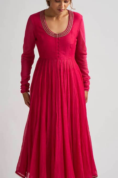 Shop Dot Pink Organza, Chanderi, Cotton Silk Round Anarkali Set at Aza Fashions Shop_Dot_Pink Organza, Chanderi, Cotton Silk Round Anarkali Set _at_Aza_Fashions