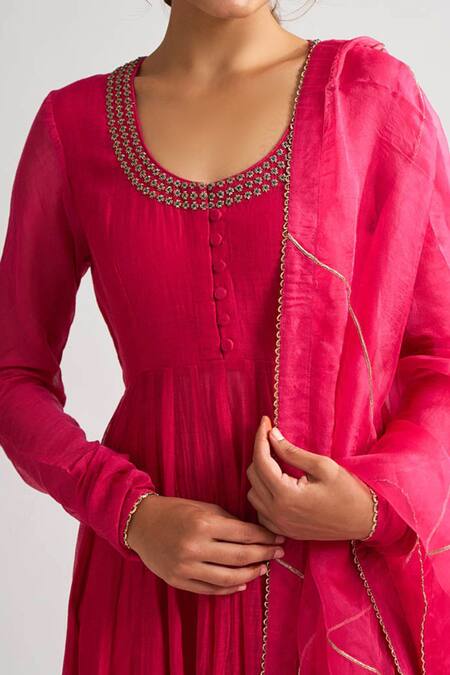 Dot Pink Organza, Chanderi, Cotton Silk Round Anarkali Set Online at Aza Fashions Dot_Pink Organza, Chanderi, Cotton Silk Round Anarkali Set _Online_at_Aza_Fashions