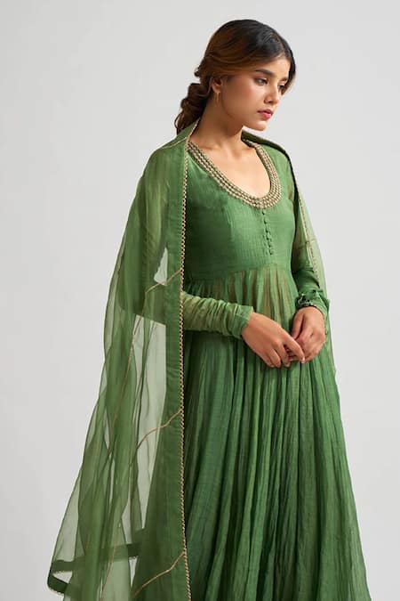Shop Dot Green Organza, Chanderi, Cotton Silk Round Anarkali Set at Aza Fashions Shop_Dot_Green Organza, Chanderi, Cotton Silk Round Anarkali Set _at_Aza_Fashions