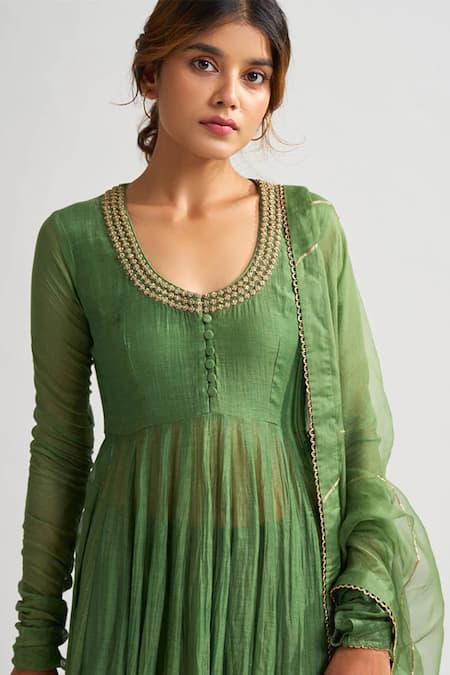 Dot Green Organza, Chanderi, Cotton Silk Round Anarkali Set Online at Aza Fashions Dot_Green Organza, Chanderi, Cotton Silk Round Anarkali Set _Online_at_Aza_Fashions