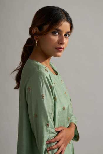 Dot Green Zari French Knot Round Kurta And Pant Set  4