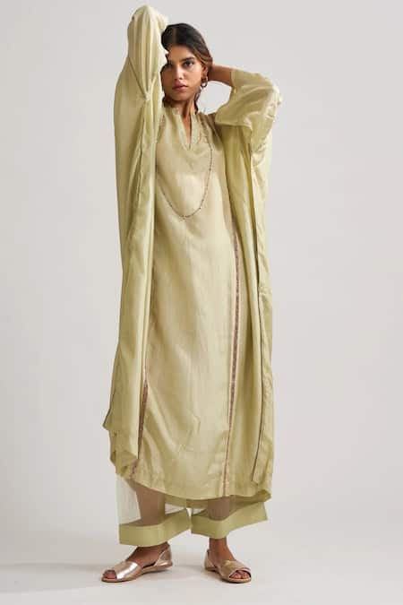 Dot_White Organza, Habutai Silk Resham Work V Neck Kaftan Style Kurta And Palazzo Set _Online_at_Aza_Fashions