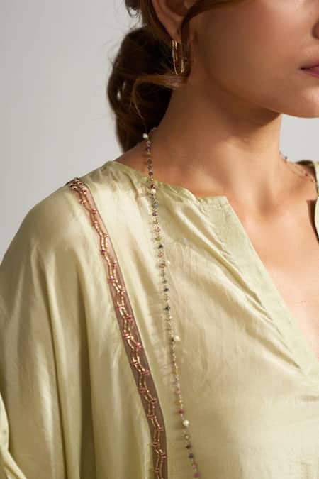 Buy_Dot_White Organza, Habutai Silk Resham Work V Neck Kaftan Style Kurta And Palazzo Set _Online_at_Aza_Fashions