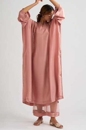 Buy Dot Pink Organza, Habutai Silk Resham Work V Neck Kaftan Style Kurta And Palazzo Set at Aza Fashions Buy_Dot_Pink Organza, Habutai Silk Resham Work V Neck Kaftan Style Kurta And Palazzo Set _at_Aza_Fashions