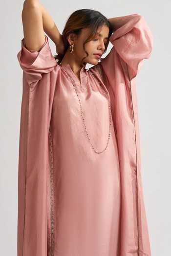 Shop Dot Pink Organza, Habutai Silk Resham Work V Neck Kaftan Style Kurta And Palazzo Set at Aza Fashions Shop_Dot_Pink Organza, Habutai Silk Resham Work V Neck Kaftan Style Kurta And Palazzo Set _at_Aza_Fashions