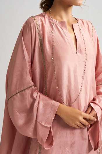 Buy Dot Pink Organza, Habutai Silk Resham Work V Neck Kaftan Style Kurta And Palazzo Set Online at Aza Fashions Buy_Dot_Pink Organza, Habutai Silk Resham Work V Neck Kaftan Style Kurta And Palazzo Set _Online_at_Aza_Fashions