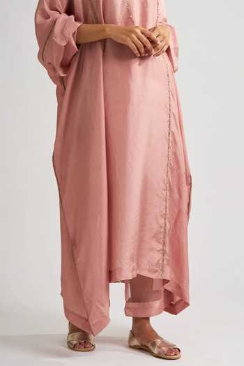 Shop Dot Pink Organza, Habutai Silk Resham Work V Neck Kaftan Style Kurta And Palazzo Set Online at Aza Fashions Shop_Dot_Pink Organza, Habutai Silk Resham Work V Neck Kaftan Style Kurta And Palazzo Set _Online_at_Aza_Fashions