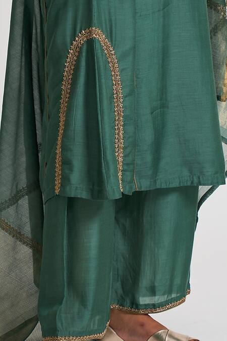 Dot_Green Chanderi, Cotton Silk Gota Patti, Thread Embroidered Kurta Palazzo Set _Online_at_Aza_Fashions
