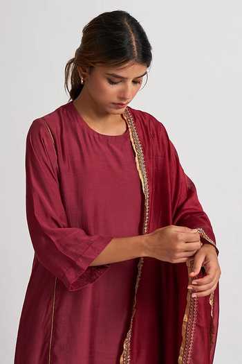 Dot_Maroon Chanderi, Cotton Silk Gota Patti, Thread Embroidered Kurta Palazzo Set _Online_at_Aza_Fashions