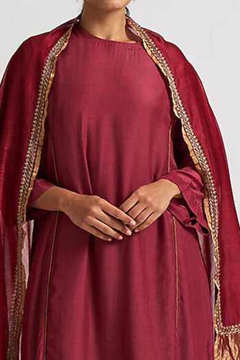 Buy_Dot_Maroon Chanderi, Cotton Silk Gota Patti, Thread Embroidered Kurta Palazzo Set _Online_at_Aza_Fashions