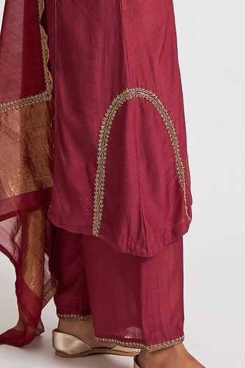 Shop_Dot_Maroon Chanderi, Cotton Silk Gota Patti, Thread Embroidered Kurta Palazzo Set _Online_at_Aza_Fashions