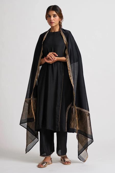 Dot_Black Chanderi, Cotton Silk Gota Patti, Thread Embroidered Kurta Palazzo Set _Online_at_Aza_Fashions