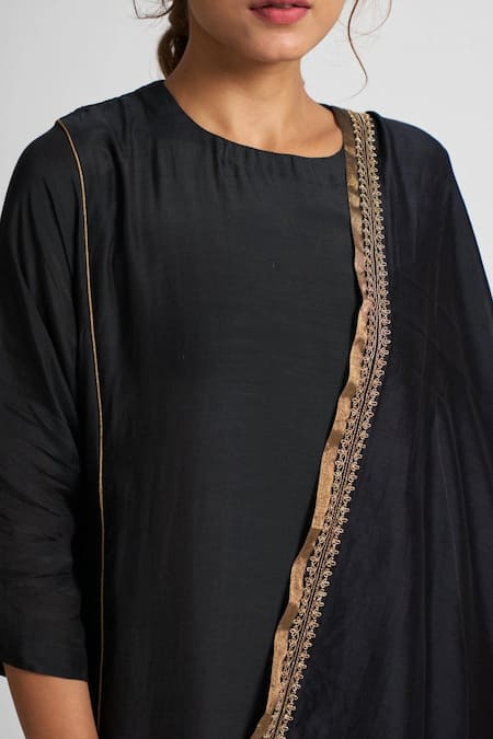 Buy_Dot_Black Chanderi, Cotton Silk Gota Patti, Thread Embroidered Kurta Palazzo Set _Online_at_Aza_Fashions