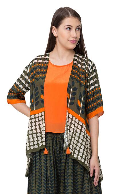 Shop So Us By Sougatpaul Green Muslin Slub Round Printed Jacket And Palazzo Set Online at Aza Fashions Shop_So Us By Sougatpaul_Green Muslin Slub Round Printed Jacket And Palazzo Set _Online_at_Aza_Fashions