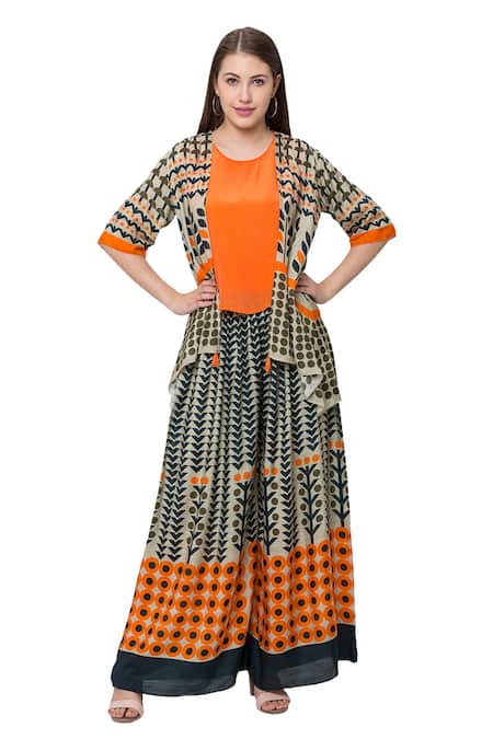 So Us By Sougatpaul Beige Muslin Slub Round Printed Jacket And Palazzo Set  