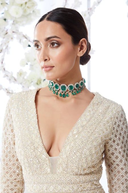 Seema Gujral White Net Embroidered Checkered V Neck Fish Cut Gown Online at Aza Fashions Seema Gujral_White Net Embroidered Checkered V Neck Fish Cut Gown _Online_at_Aza_Fashions