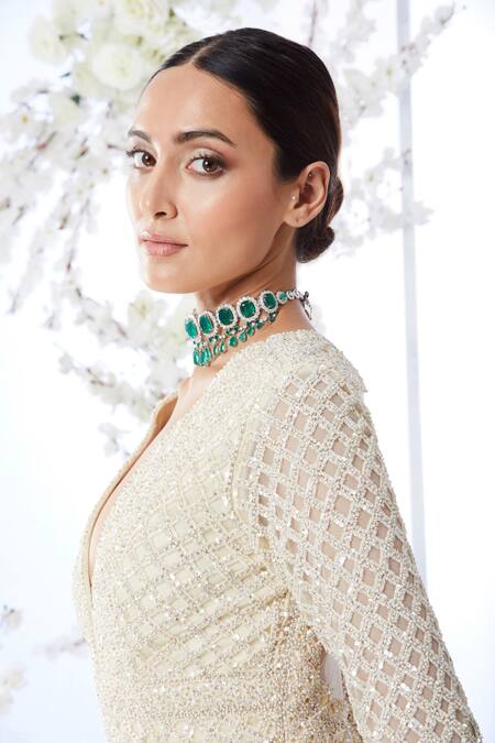 Buy Seema Gujral White Net Embroidered Checkered V Neck Fish Cut Gown Online at Aza Fashions Buy_Seema Gujral_White Net Embroidered Checkered V Neck Fish Cut Gown _Online_at_Aza_Fashions