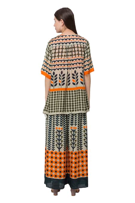 Shop So Us By Sougatpaul Beige Muslin Slub Round Printed Jacket And Palazzo Set at Aza Fashions Shop_So Us By Sougatpaul_Beige Muslin Slub Round Printed Jacket And Palazzo Set _at_Aza_Fashions