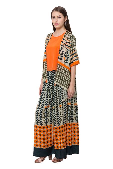 Buy So Us By Sougatpaul Beige Muslin Slub Round Printed Jacket And Palazzo Set Online at Aza Fashions Buy_So Us By Sougatpaul_Beige Muslin Slub Round Printed Jacket And Palazzo Set _Online_at_Aza_Fashions