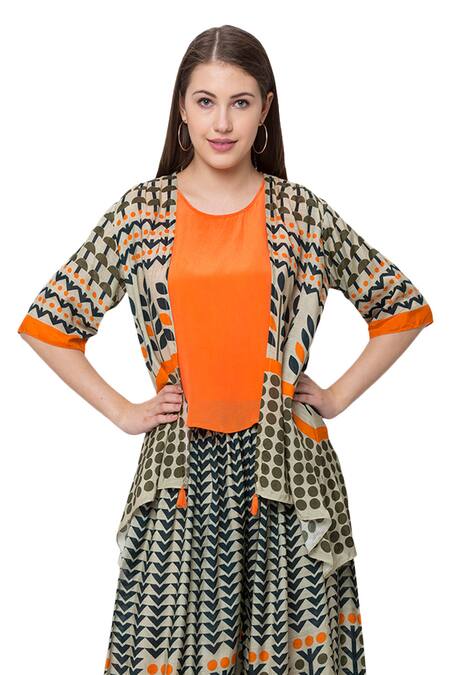 Shop So Us By Sougatpaul Beige Muslin Slub Round Printed Jacket And Palazzo Set Online at Aza Fashions Shop_So Us By Sougatpaul_Beige Muslin Slub Round Printed Jacket And Palazzo Set _Online_at_Aza_Fashions