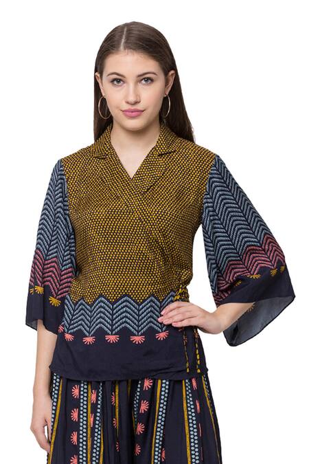 Shop So Us By Sougatpaul Blue Muslin Slub Notched Lapel Printed Top And Pant Set Online at Aza Fashions Shop_So Us By Sougatpaul_Blue Muslin Slub Notched Lapel Printed Top And Pant Set _Online_at_Aza_Fashions