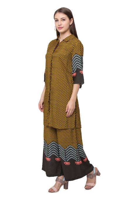 Buy So Us By Sougatpaul Yellow Muslin Slub Shirt Collar Printed Kurta And Palazzo Set Online at Aza Fashions Buy_So Us By Sougatpaul_Yellow Muslin Slub Shirt Collar Printed Kurta And Palazzo Set _Online_at_Aza_Fashions