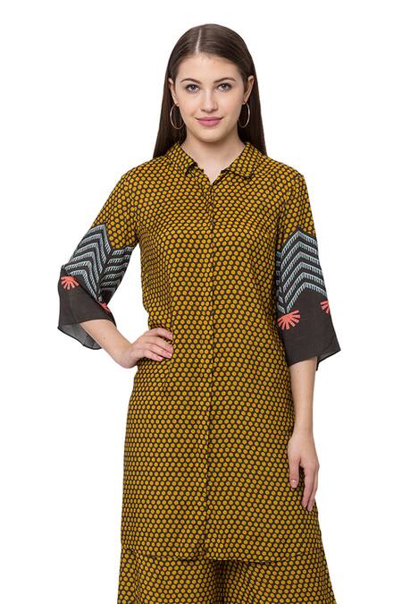 Shop So Us By Sougatpaul Yellow Muslin Slub Shirt Collar Printed Kurta And Palazzo Set Online at Aza Fashions Shop_So Us By Sougatpaul_Yellow Muslin Slub Shirt Collar Printed Kurta And Palazzo Set _Online_at_Aza_Fashions