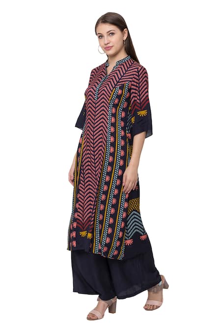 Buy_So Us By Sougatpaul_Black Muslin Slub V Neck Printed Kurta And Palazzo Set  _Online_at_Aza_Fashions