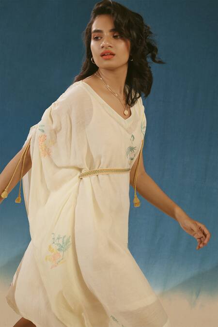 Chokhi Chorri_White Mulberry Silk V Neck Printed Kaftan Dress With Belt_Online_at_Aza_Fashions