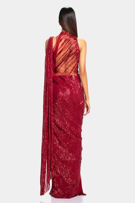Shop_Gaurav Gupta_Red Silk Georgette Draped Sequin Saree Gown_at_Aza_Fashions