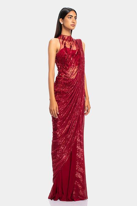 Gaurav Gupta_Red Silk Georgette Draped Sequin Saree Gown_Online_at_Aza_Fashions