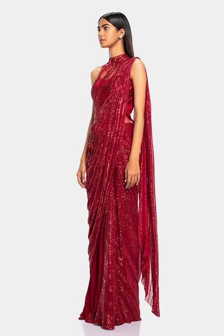 Buy_Gaurav Gupta_Red Silk Georgette Draped Sequin Saree Gown_Online_at_Aza_Fashions