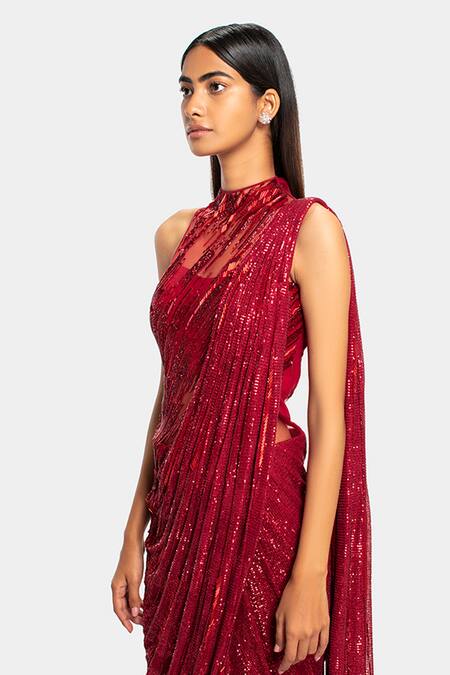 Shop_Gaurav Gupta_Red Silk Georgette Draped Sequin Saree Gown_Online_at_Aza_Fashions