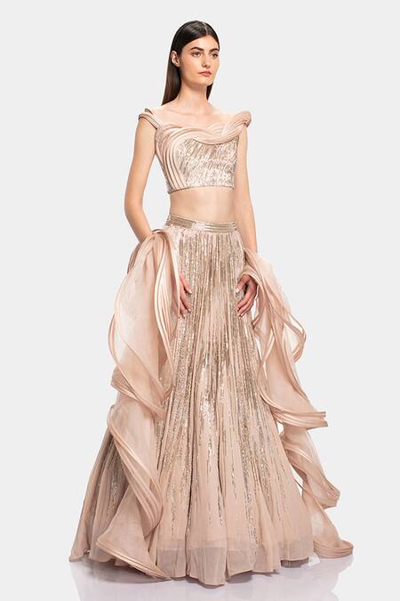 Gaurav Gupta_Beige Silk Georgette Embellished Lehenga Set_Online_at_Aza_Fashions
