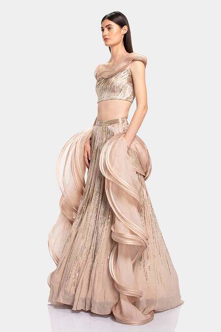 Buy_Gaurav Gupta_Beige Silk Georgette Embellished Lehenga Set_Online_at_Aza_Fashions