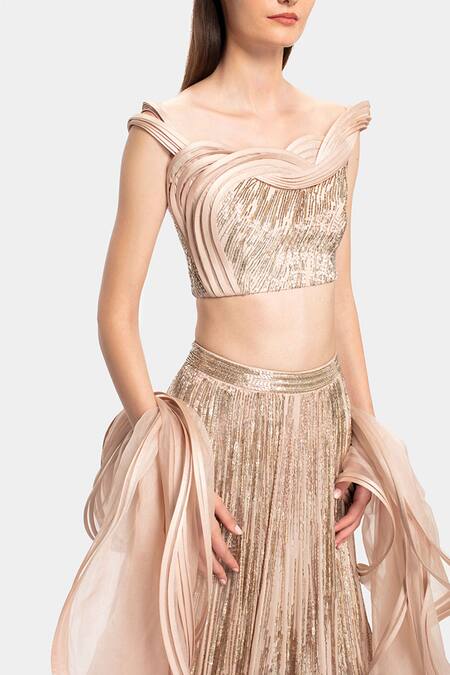 Gaurav Gupta_Beige Silk Georgette Embellished Lehenga Set_at_Aza_Fashions