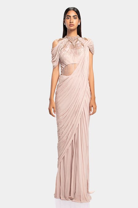 Gaurav Gupta Beige Silk Georgette Embellished Draped Saree Gown