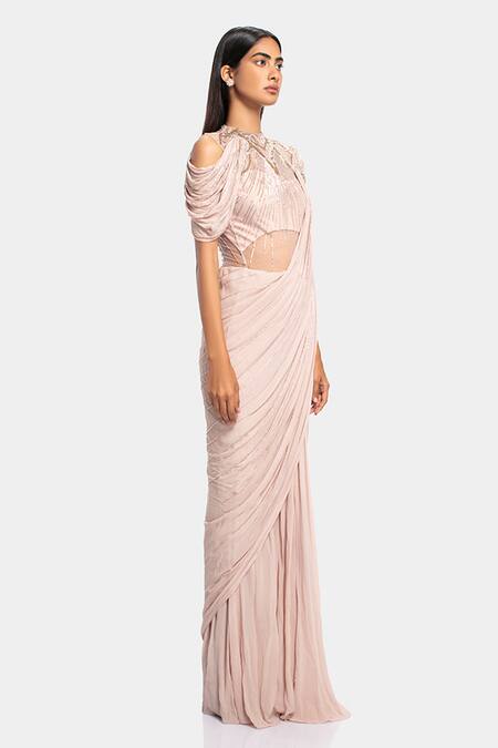 Gaurav Gupta_Beige Silk Georgette Embellished Draped Saree Gown_Online_at_Aza_Fashions
