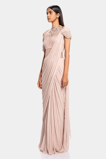 Buy_Gaurav Gupta_Beige Silk Georgette Embellished Draped Saree Gown_Online_at_Aza_Fashions