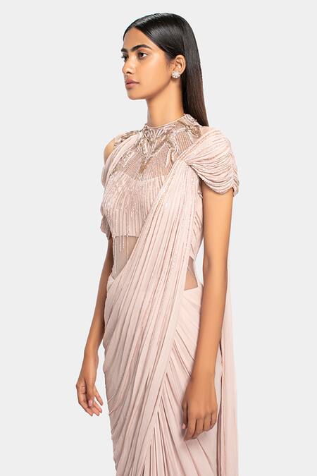 Shop_Gaurav Gupta_Beige Silk Georgette Embellished Draped Saree Gown_Online_at_Aza_Fashions